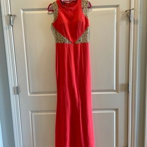 Prom/ Formal Dress. Coral Colored Floor Length Gown with Gold Cut Outs